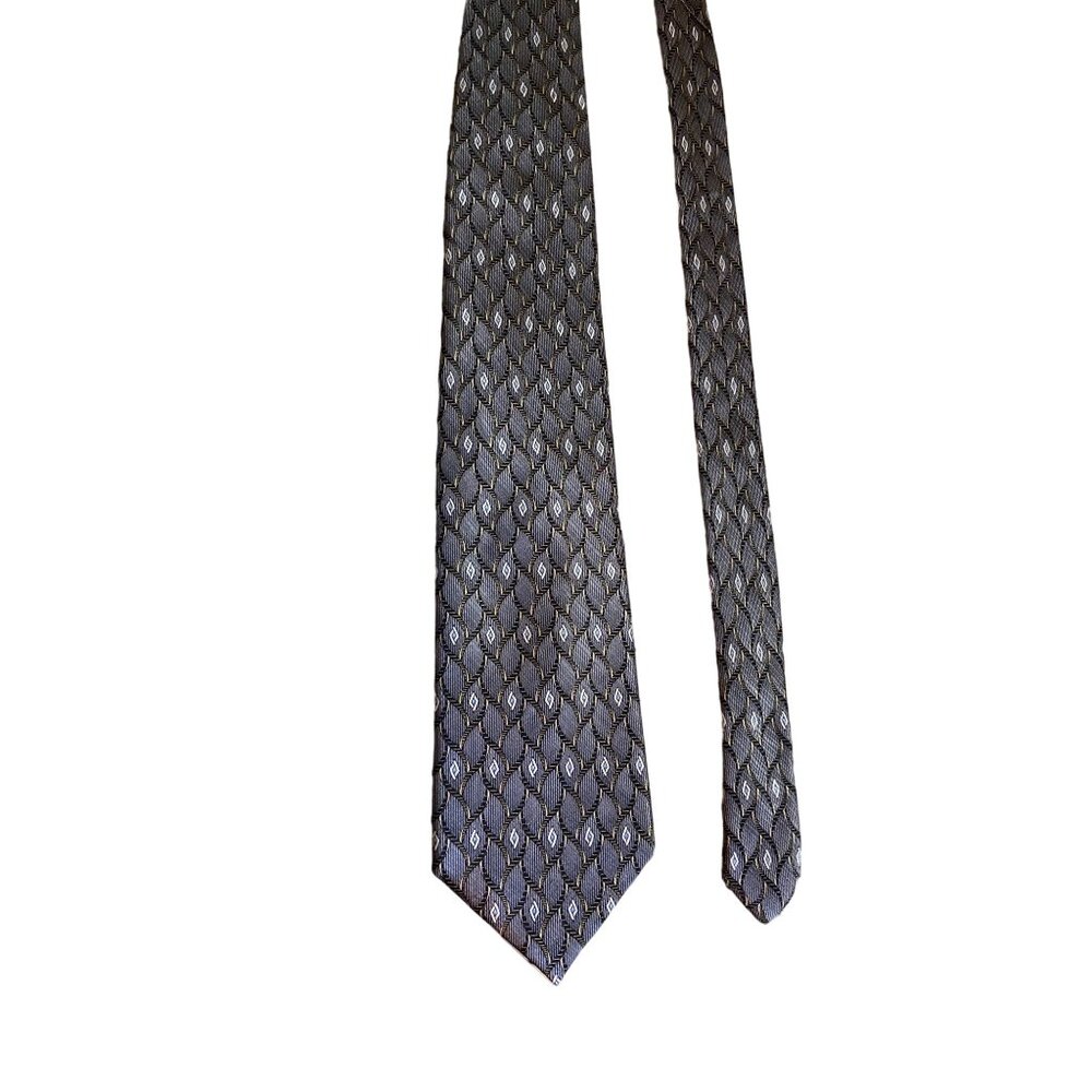 Meeting Street Mens Silk Necktie Geometric Grey Blue Gold Handmade Corpcore Dad